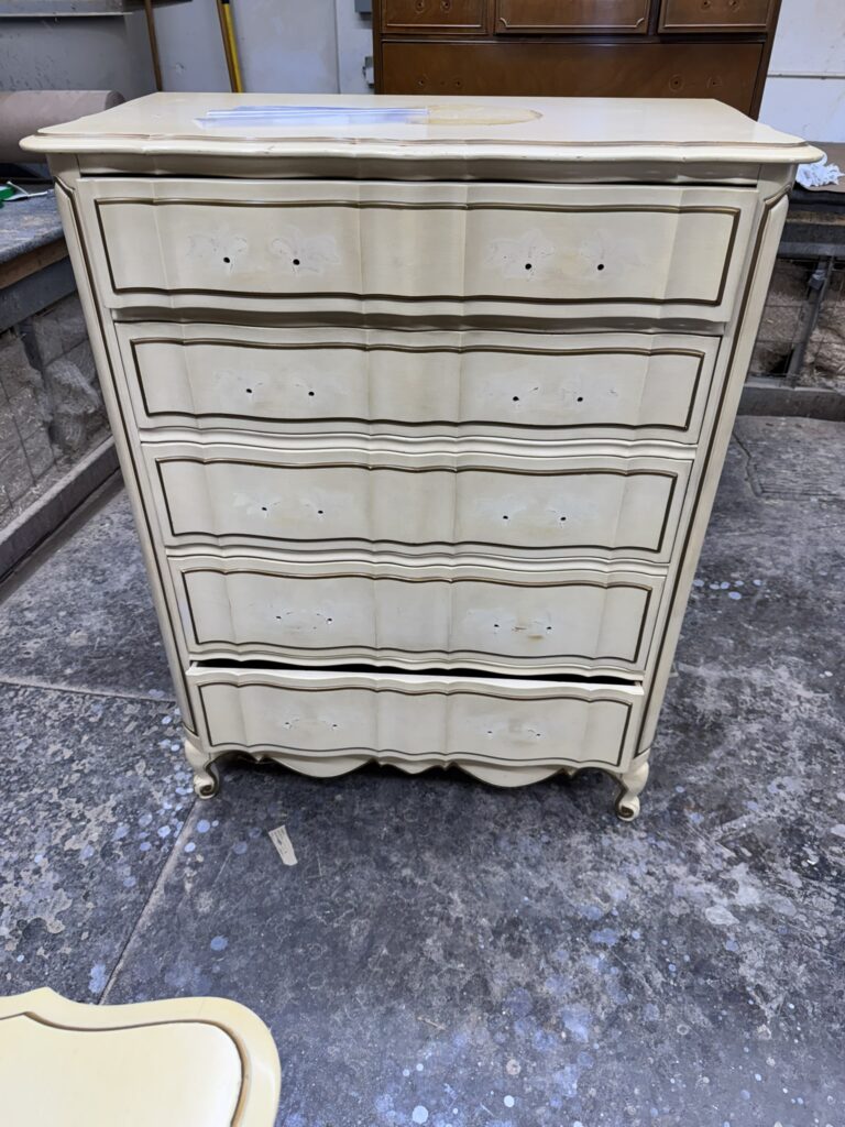 Angelus highboy dresser before restoration - white French Provincial finish