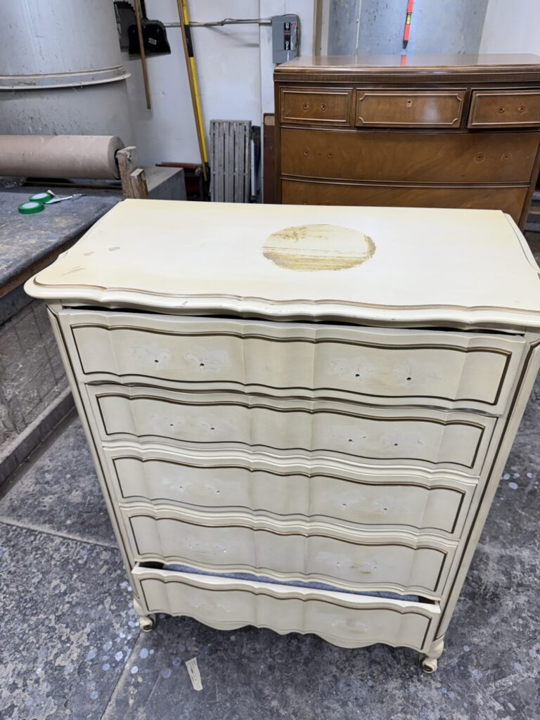 Angelus highboy dresser before - top angle showing wear and damage