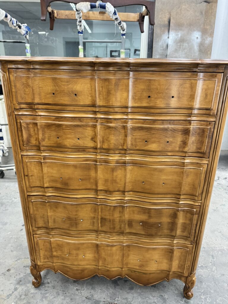 Angelus highboy dresser after restoration - side angle