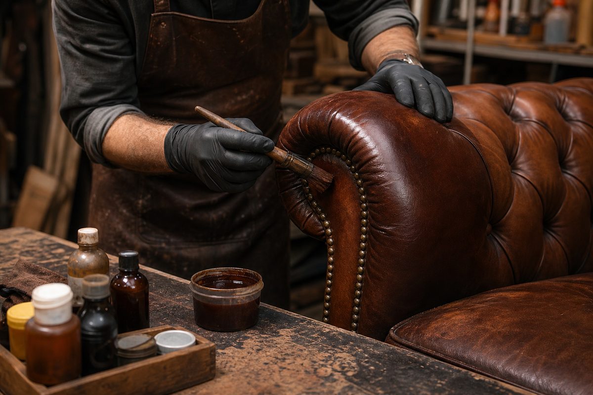 Leather Furniture Repair Hero – Craftsman Applying Dye Leather furniture repair and dye application at Rahn's workshop